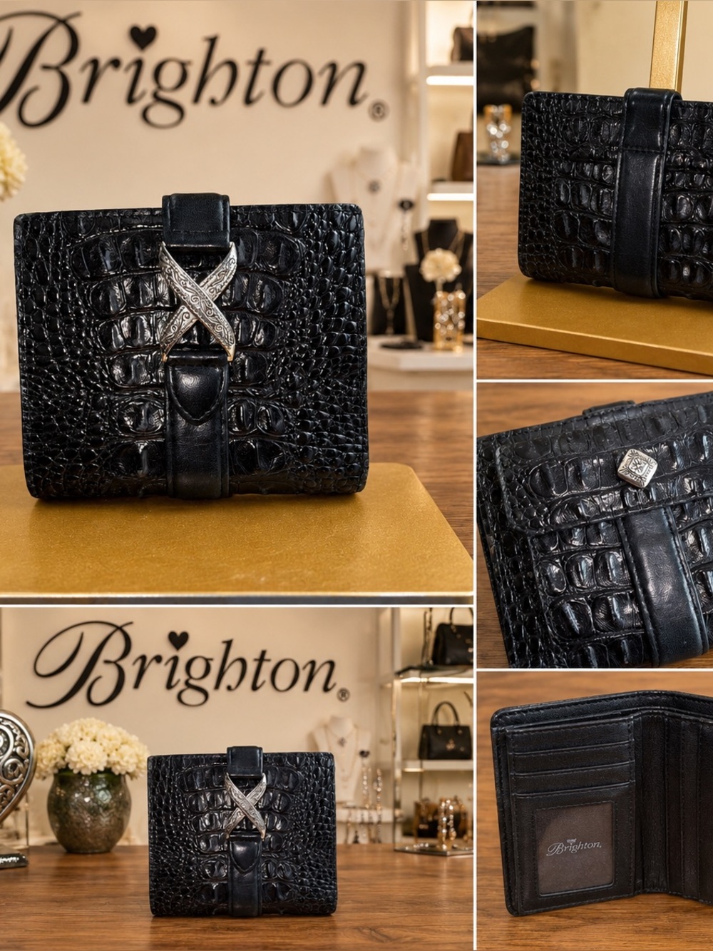 Beautiful vintage Brighton black croc bifold wallet like new !